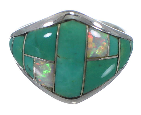 Southwestern Turquoise And Opal Inlay Silver Ring Size 8-1/2 AX52340